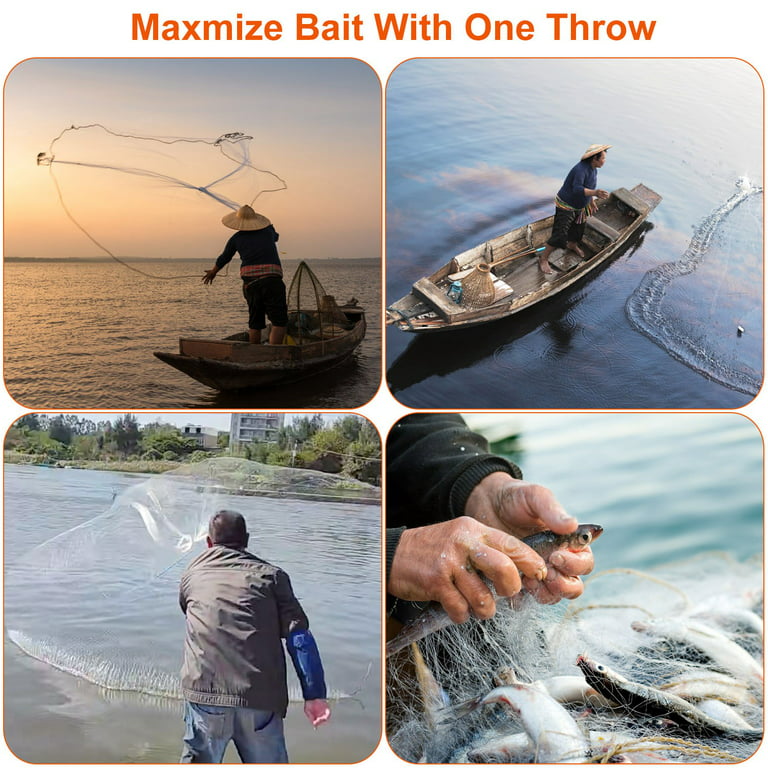 8ft Radius Fishing Cast Net Bait Trap Easy Throw Heavy Duty Hand Cast Net  with Chain Sinker Bottom Spread 