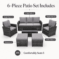 thumbnail image 4 of 6-Piece Outdoor Patio Furniture Set, PE Rattan Conversation Sofa Set with 3-Seat Sofa, 2 Chairs, 2 Ottomans & Glass Coffee Table, Gray Wicker with Dark Gray Cushions for Patio, Poolside, Backyard, 4 of 10