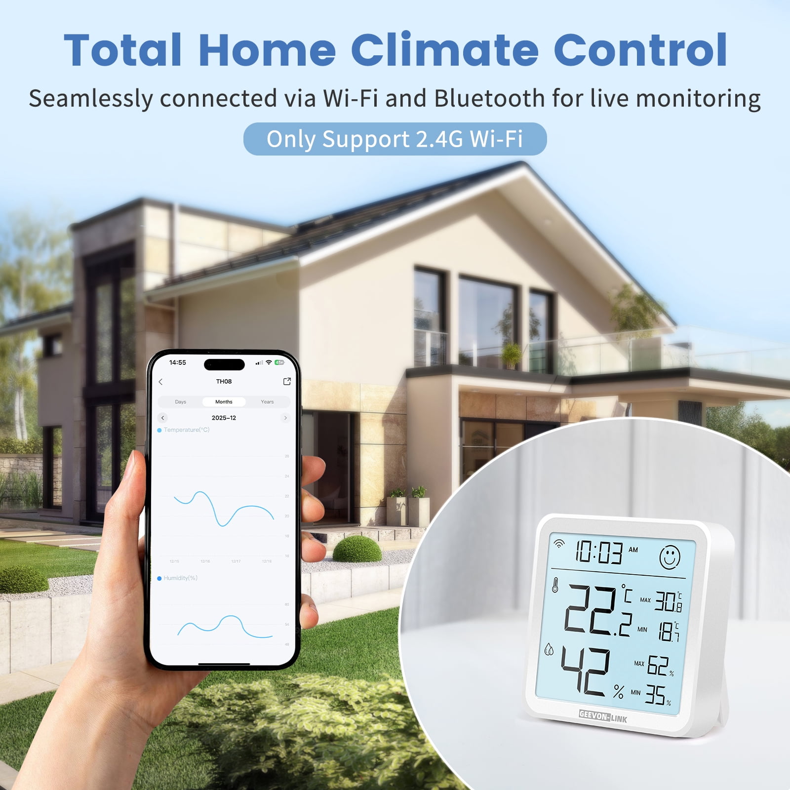 Geevon Indoor WiFi Hygrometer Thermometer, Bluetooth WiFi Humidity Temperature Gauge with Large LCD Display, with Max Min Records, Historical Data Storage and Export for Room Greenhouse(1 Pack )