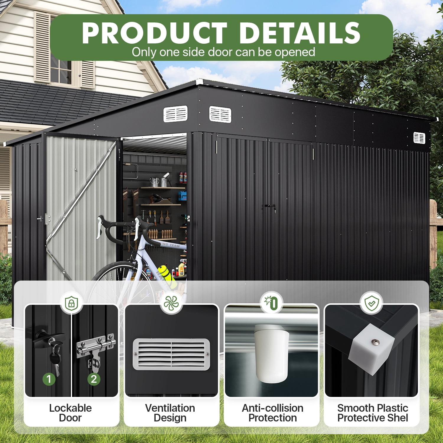 BaPiPro 12'x8' Lean-to Metal Storage Shed, Outdoor Lockable Shed with Triple Doors & Vents for Garden, Backyard, Patio - Black