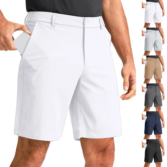 Mens Side Pockets Classic Fit Golf Shorts Stretch Smooth Lightweight Flat Front Belt Loops Button Closure Pants Knee Length Casual Bottoms , #03 White, L