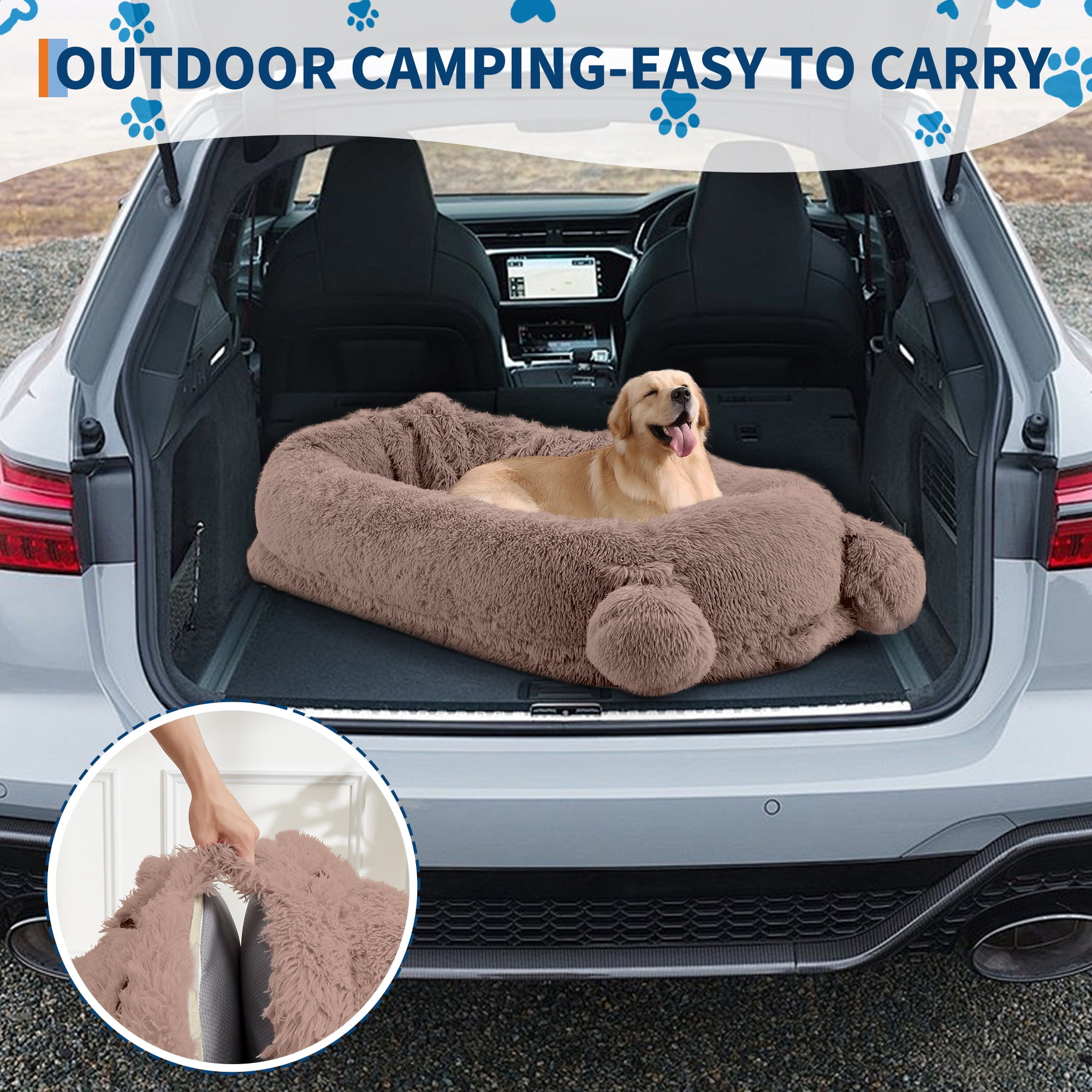 Human Dog Bed for Adults, Human Size Dog Bed Fits You and Pets, Washable Faux Fur Napping Orthopedic Dog Bed with Blanket & 2 Side Pockets, Khaki