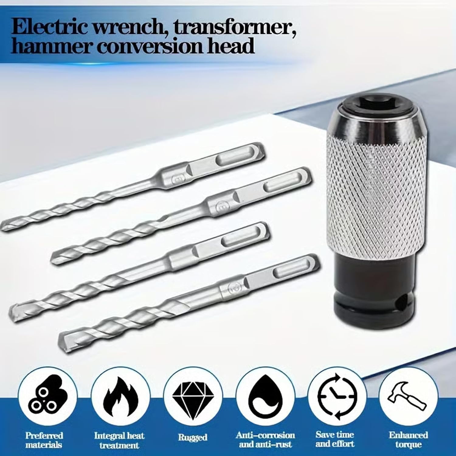 Rotary Hammer Adapter with Impact Drill Bits Set, Electric Hammer to Drill Converter Tool Kit, 4PCS Drill Bits for Concrete Wood Stone Drilling