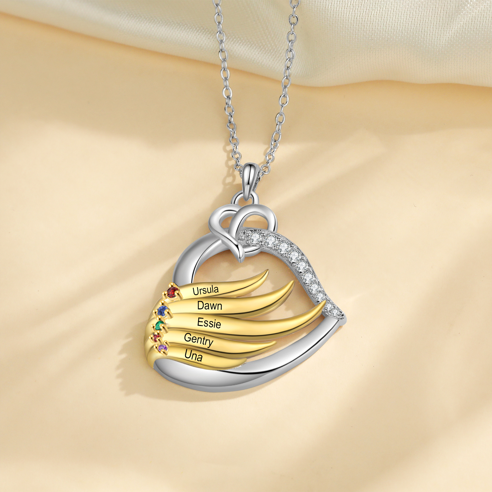 Mementos Personalized Brass Family Necklace for Women(Mom) with 5 Birthstone Name-Rhodium Plated