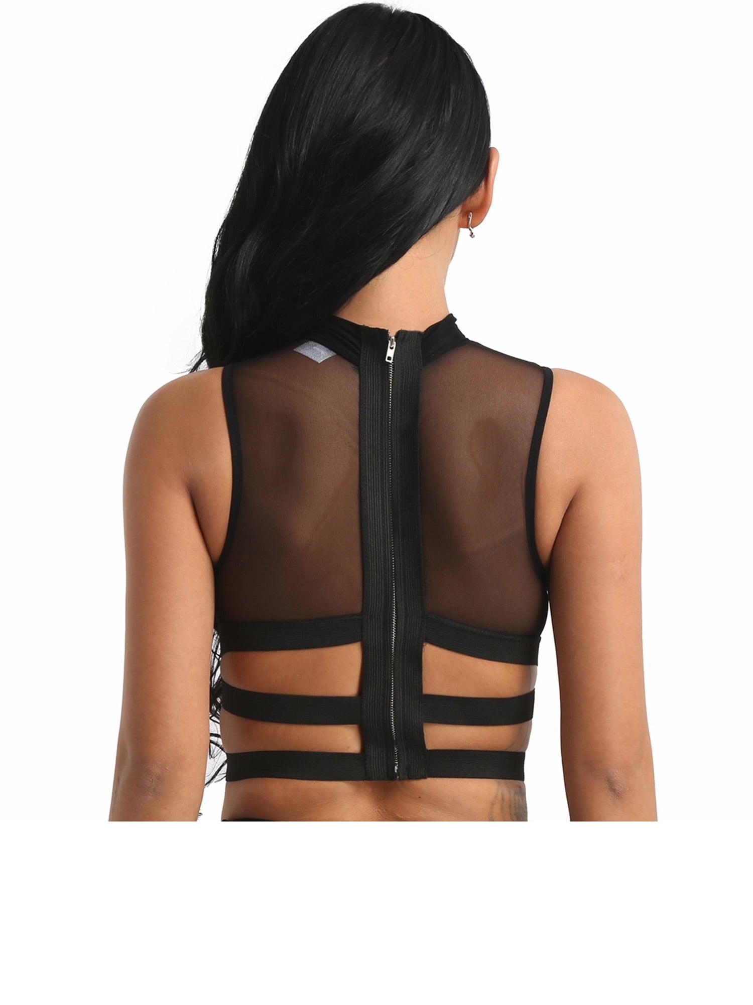 iEFiEL Women See Through Sheer Mesh Crop Top Zipper Back Elastic 