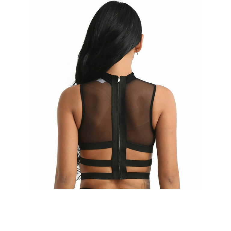 iEFiEL Women See Through Sheer Mesh Crop Top Zipper Back Elastic