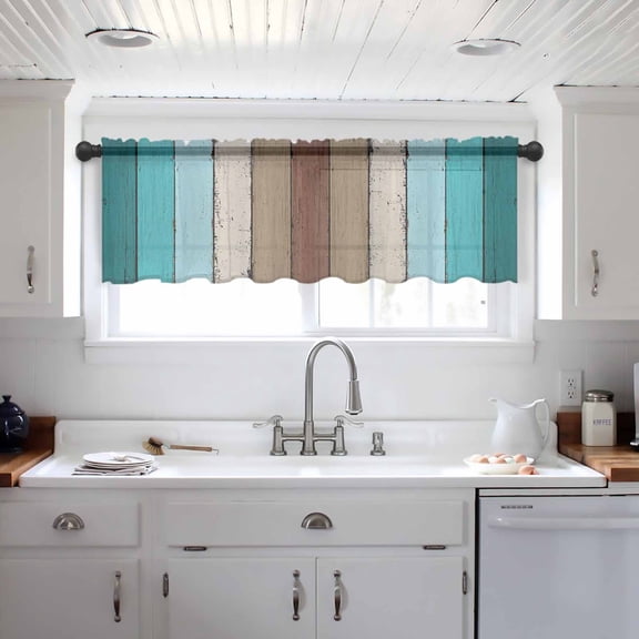 Aqua Teal Valance Curtains for Kitchen/Living Room/Bathroom/Bedroom Window, Farmhouse Wood Grain Vintage Brown Striped Rod Pocket Small Topper Half Short Window Curtains Voile Sheer Scarf 54"x18"