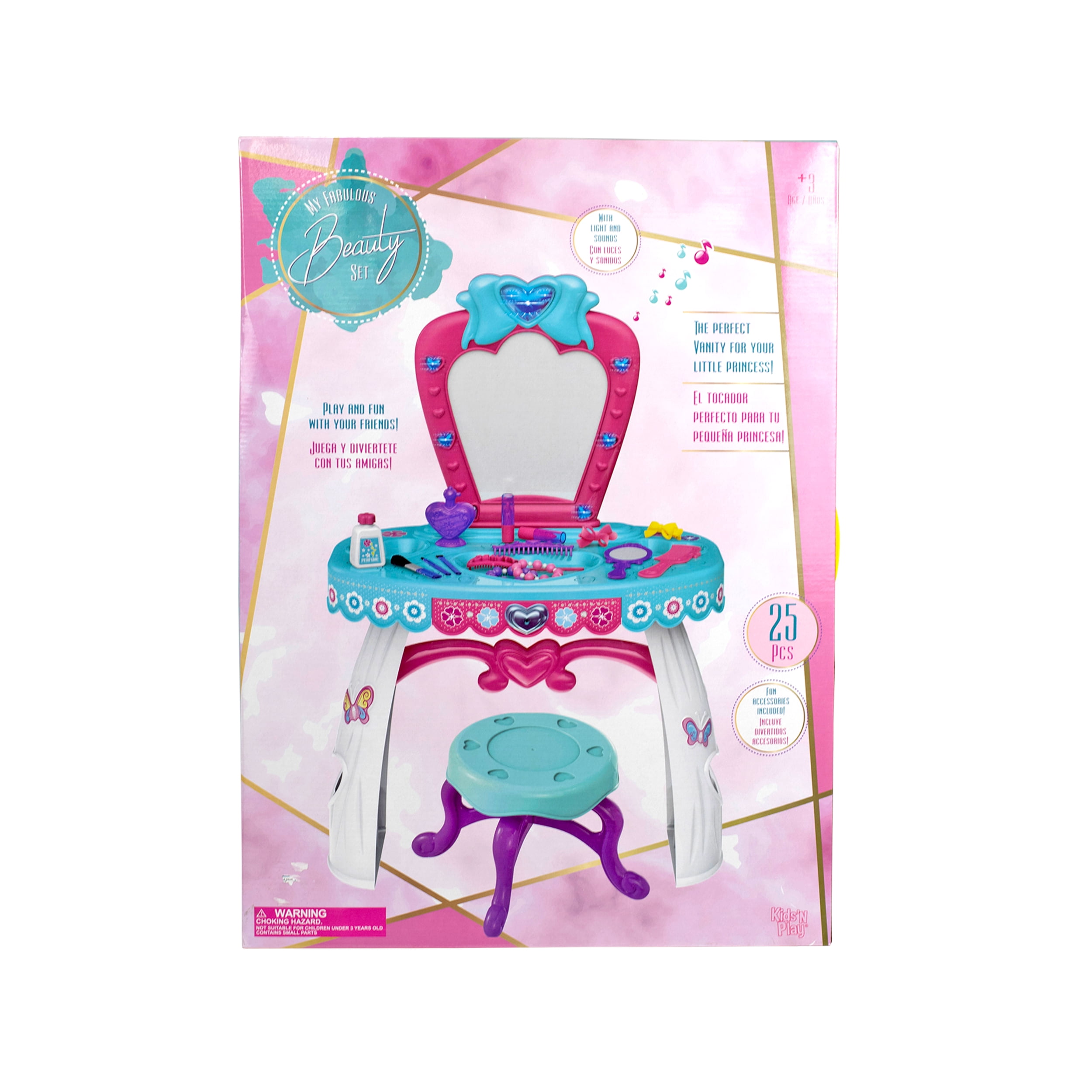 KNP Brands Kids Plastic Vanity Dressing Table with Stool and 19-Piece Accessories Set