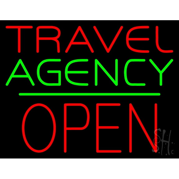 Travel Agency Open Block Green Line LED Neon Sign 24 x 31 - inches, Black Square Cut Acrylic Backing, with Dimmer - Bright and Premium built indoor LED Neon Sign for Décor, Travel agency, Storefront.