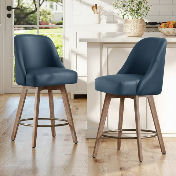 WOOW DEPOT 26" Swivel Bar Stools Large Seat Set of 2, Upholstered PU Leather w/ Mid-Back Wood Legs, Modern Armless Island Counter Barstools Kitchen Pub Chair, Blue