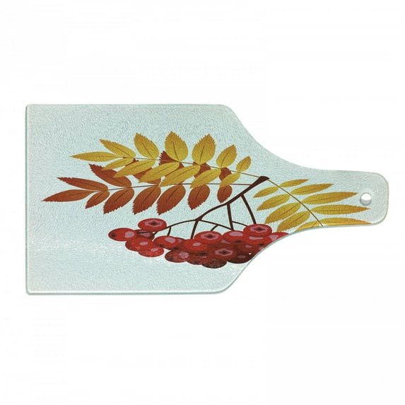Rowan Cutting Board, Realistic Vivid Ripe Berries in Fall Season Orange Leaves Rural Plant, Tempered Glass Cutting and Serving Board, Wine Bottle Shape, Dark Orange Yellow Red, by Ambesonne