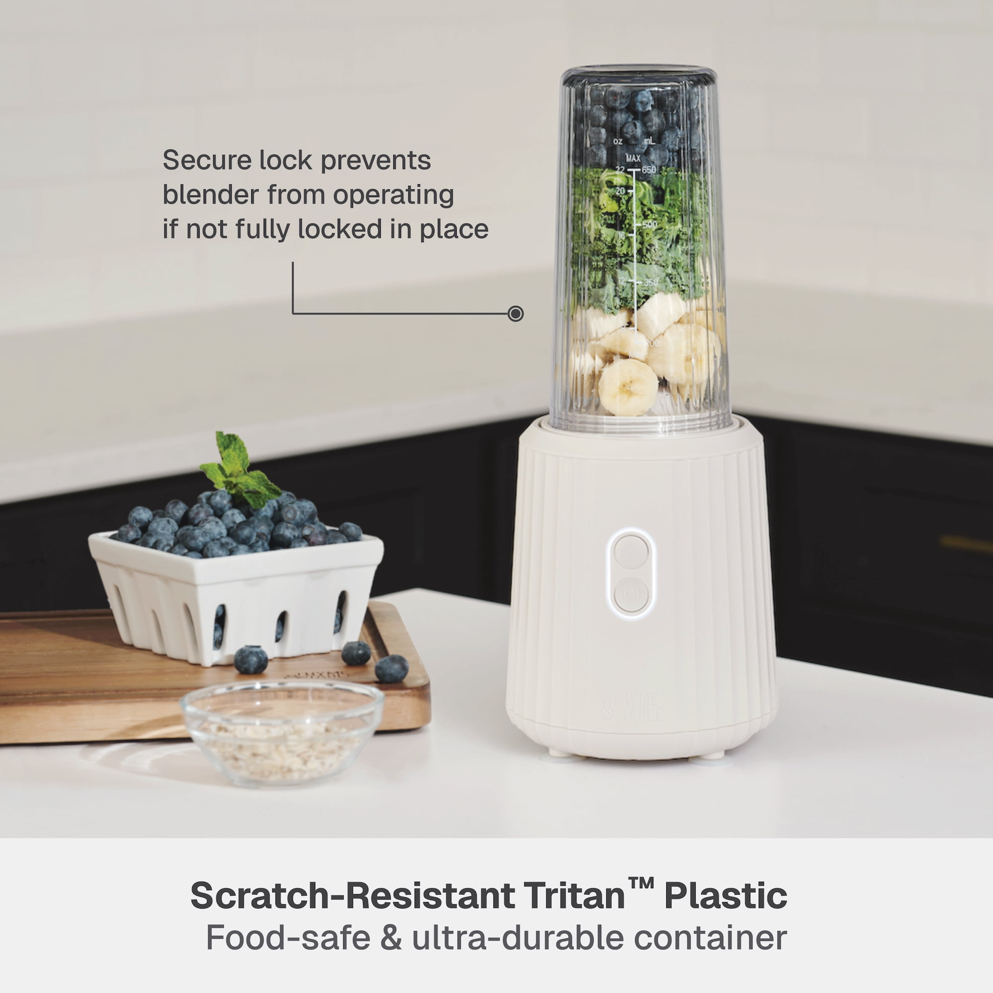 Thyme & Table 900 W 25 oz Single Serve Blender with Tritan Vessel, Smart Seal Lid and Straw, 6-Point Stainless Steel Blade, Sand White