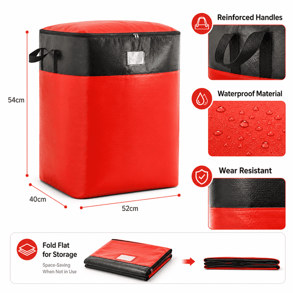 Collapsible Storage and Moving Bag, 104L Large Waterproof Clothes Organizer with Heavy-Duty Handles, Zippered Closure, Foldable Packing Tote for Moving, Travel and Closet, Red, 20.4*21.26*15.75inch