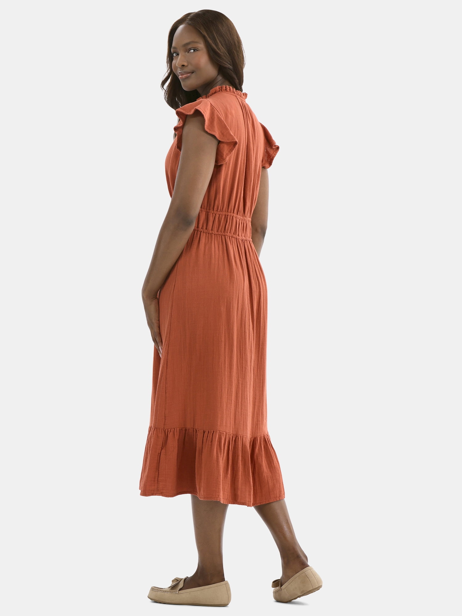 Time and Tru Women's Double Cloth Cotton Midi Dress with Flutter Sleeves, Sizes XS-XXXL