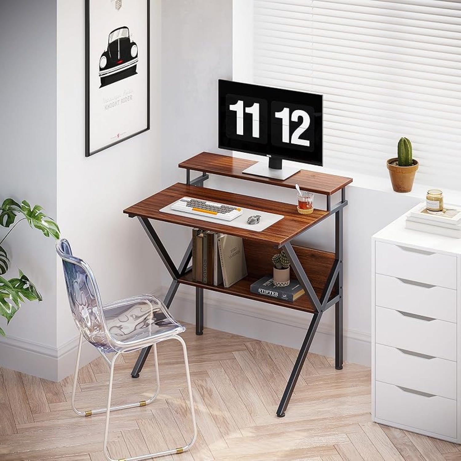 Small Desk, 27.5 Inch Small Computer Desk for Small Spaces, Compact Desk with Storage, Tiny Desk Study Desk with Monitor Stand for Home Office