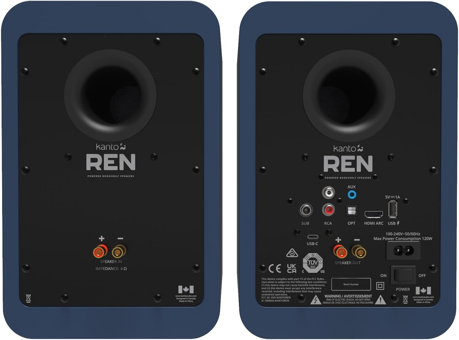 Kanto REN BLUE Bluetooth Powered Bookshelf Speakers - Matte Blue Pair with Kanto SP32PLW 32" Fixed-Height Stands for Bookshelf Speakers - White Pair (2024)