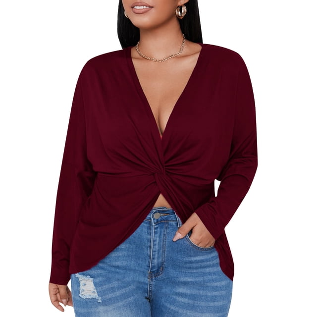 Camiseta de manga larga para mujer Cuello en V Torcido Irregular Tallas grandes Casual Tops Irfora Camiseta mujer