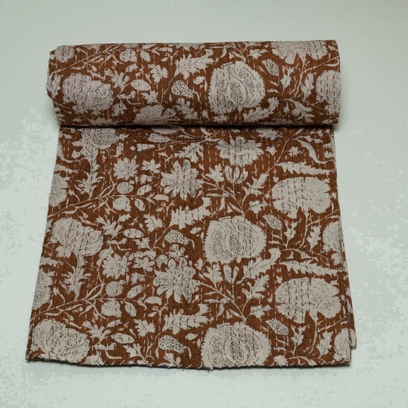 Ozark Textile Brown Floral Indian Kantha Quilt Cotton Block Print Bedspread for All Season Cozy Home Decor