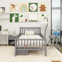 Twin Size Wood Platform Bed with Guardrails on Both Sides and Two Storage Drawers, Gray