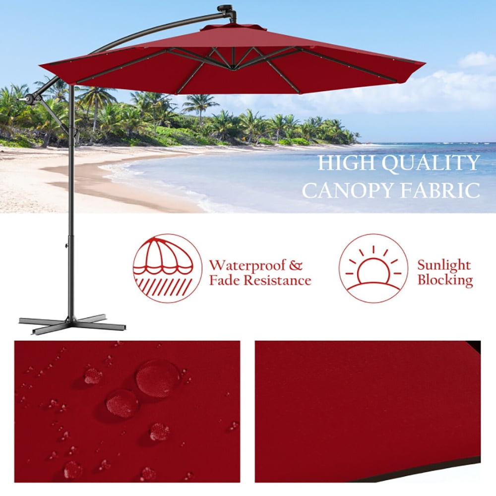 Aimee Lii 10 Feet Patio Hanging Solar LED Umbrella Sun Shade with Cross Base, Table Umbrella Outdoor Patio, Dark Red