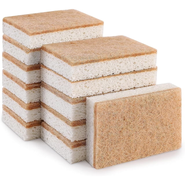 paquete de 12 esponjas naturales, esponjas de cocina de celulosa biodegradables y compostables, fregador de coco, esponja ecológica para limpieza de platos — conjunto apilado en vista frontal; esponjas rectangulares con capa blanca de celulosa porosa y capa marrón de fibra de coco, superficies planas y cantos definidos sobre fondo blanco. Diseñadas para limpieza de cocina, lavado de platos y limpieza de hornos y fregaderos; la porosidad favorece secado rápido y reutilización.