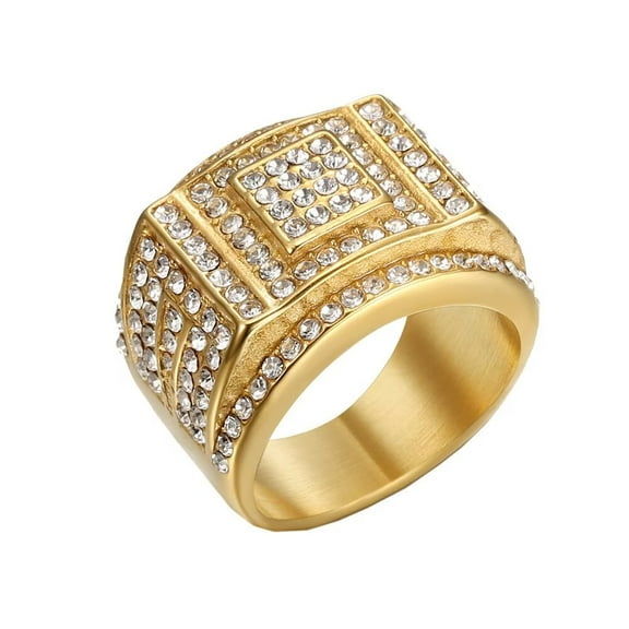 PAMTIER Men's Stainless Steel Personalized Vintage Cubic Zirconia Inlay Ring Hip Hop Style Gold Size 7