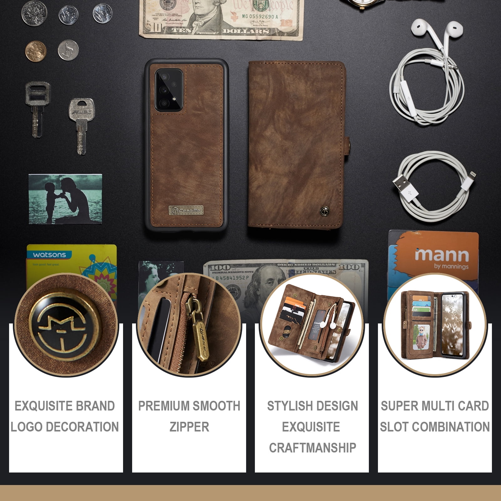 Samsung Galaxy A53 5G Wallet Case for Women Men, Dteck Heavy Duty PU Leather Flip Case Detachable Phone Cover with 8 Card Slots Zipper Purse with Wrist Strap for Samsung Galaxy A53 5G,Coffee