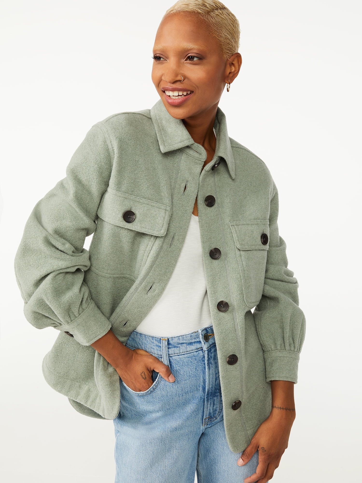 Free Assembly Women's Shirt Jacket with Gathered Sleeves