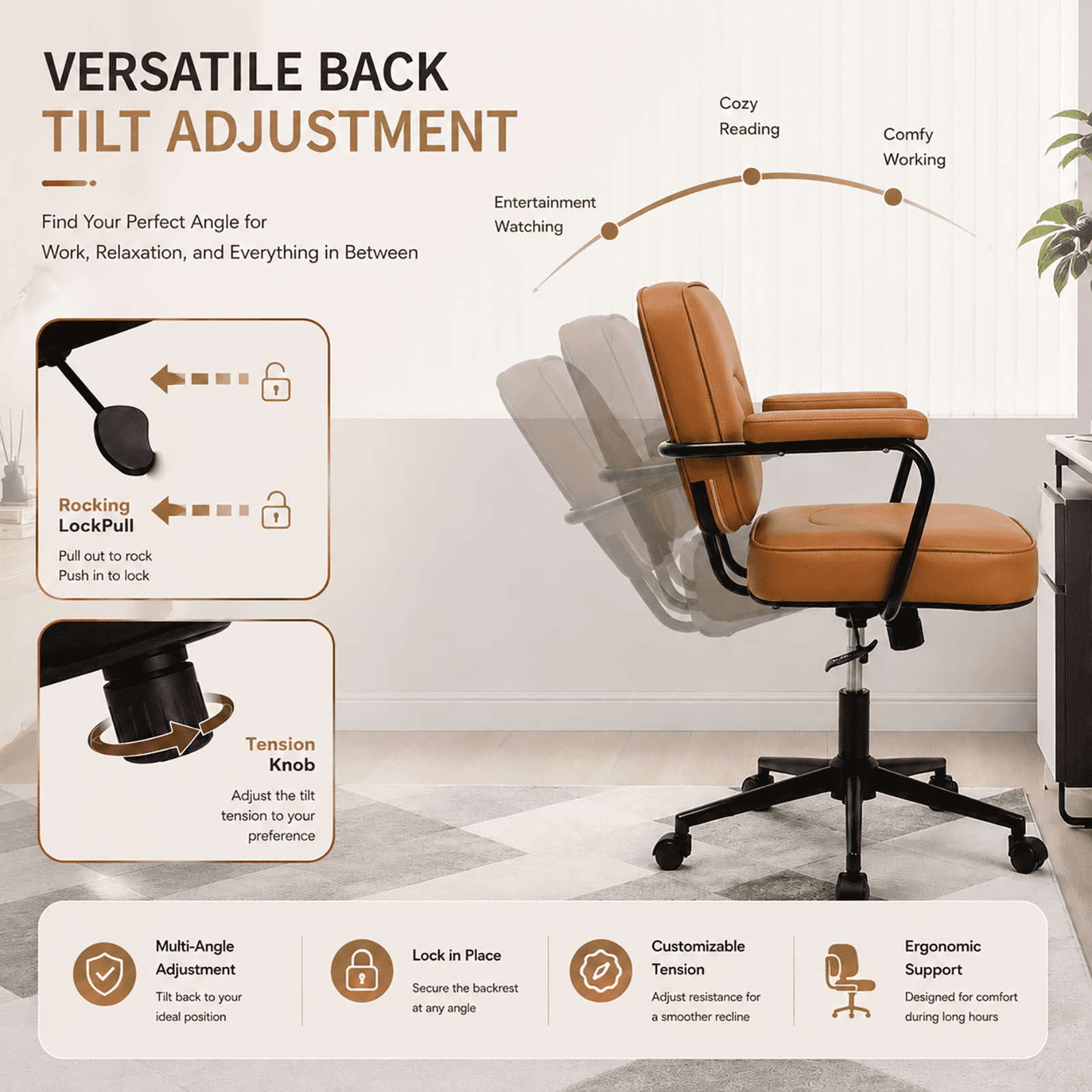 Ergonomic Office Chair, PU Leather Executive Desk Chair with Fixed Armrests, Adjustable Height, Rocking Function, 360° Swivel Rolling Wheels Brown