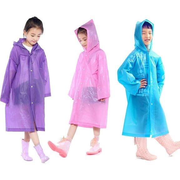 Kids Rain Ponchos, 3 Packs Portable Reusable Emergency Raincoats for 6-12 Years Old for Camping Hiking Traveling Backpacking