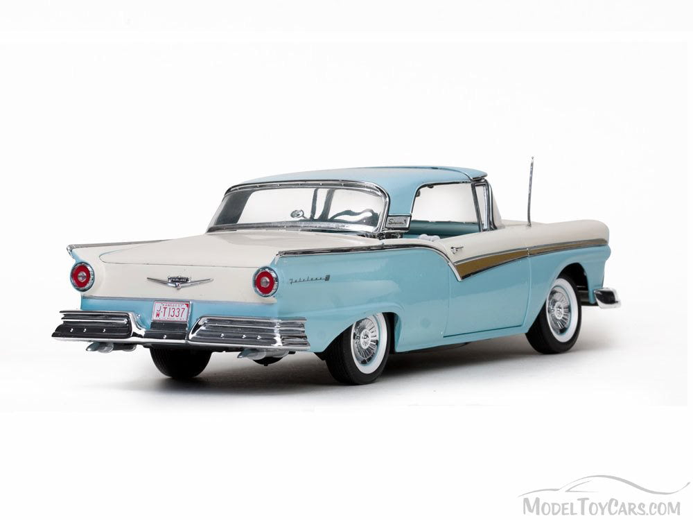 1957 Ford Fairlane 500 Skyliner Convertible, Starmist Blue & Colonial White  Two-Tone - Sunstar 1337 - 1/18 Scale Diecast Model Toy Car