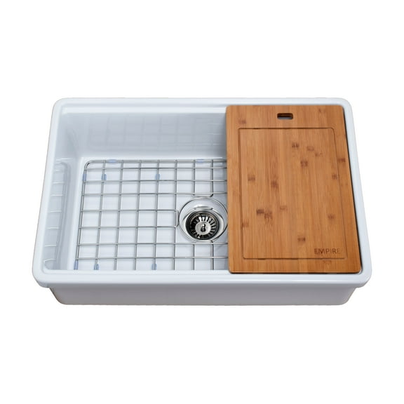 Tosca Farmhouse Fireclay 30" Kitchen Sink with Grid, Cutting-Board and Strainer in White