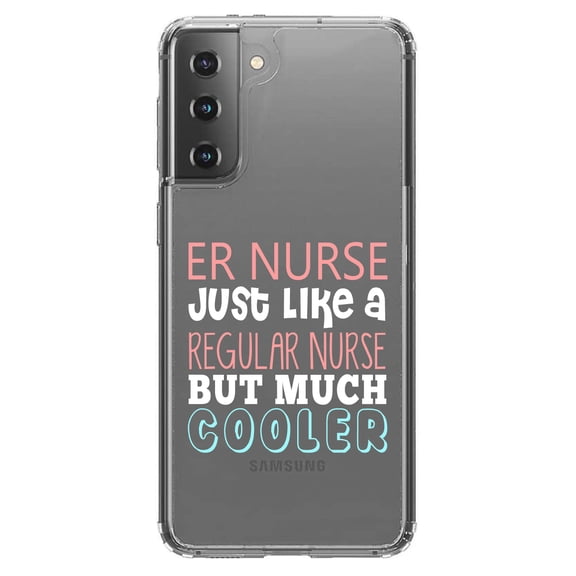 DistinctInk Clear Shockproof Hybrid Case for Galaxy S21  PLUS 5G (6.7" Screen) - TPU Bumper Acrylic Back Tempered Glass Screen Protector - ER Nurse Just Like Regular But Cooler