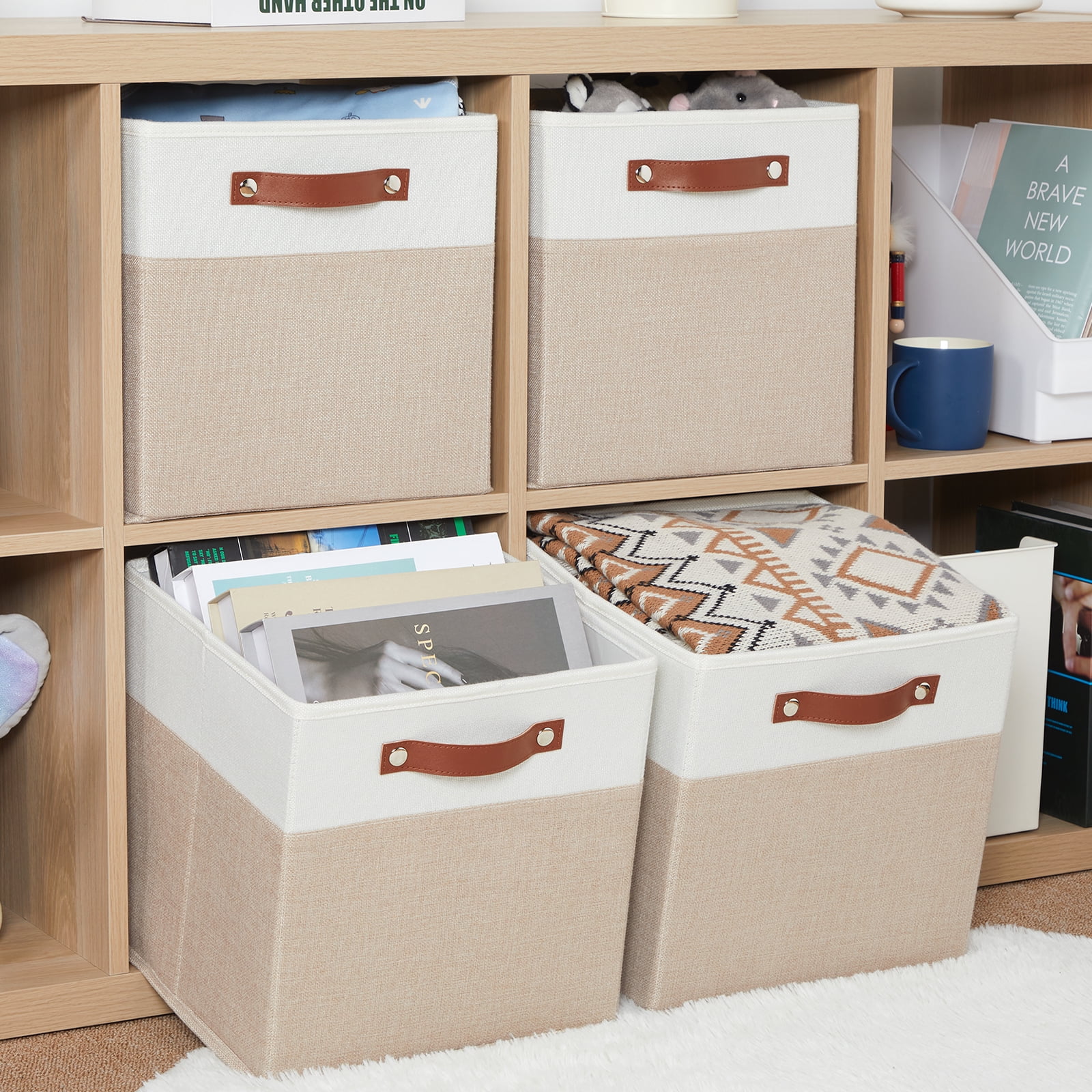 ANLEM Fabric Storage Cubes, Cube Storage Bins 12 x 12, Set of 4, Decorative Storage Baskets for Shelves with Handles,Foldable Bins for Cube Shelf Organizer Home Closet(Beige White)