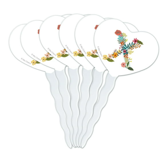 Letter X Floral Monogram Initial Heart Love Cupcake Picks Toppers Decoration Set of 6