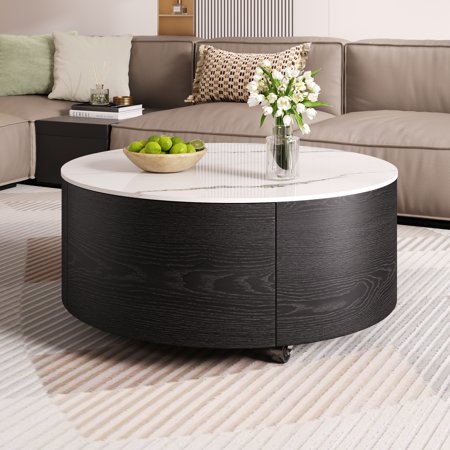 Modern Round Movable Coffee Table with Casters, 2 Drawers, Marble Pattern Sintered Stone Top, Black