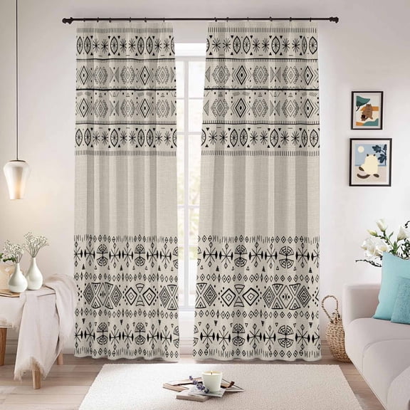 Beige Black Boho Blackout Curtains for Bedroom/Living Room, Pinch Pleated Black Out Curtains, Vintage Ethnic Tribe Abstract Art Room Darkening Window Drapes with Hooks 2 Panels, 39"x70"