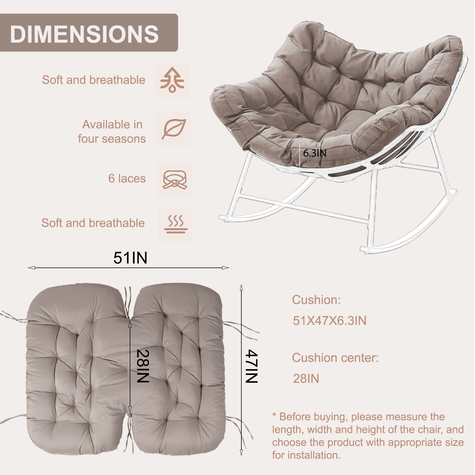 XXLYY Outdoor Rocking Chair Cushions – 6.3" Thick Waterproof Papasan Egg Chair Pad with Ties, Comfortable Round Seat Cushion for Living Room, Patio, Porch, or Balcony