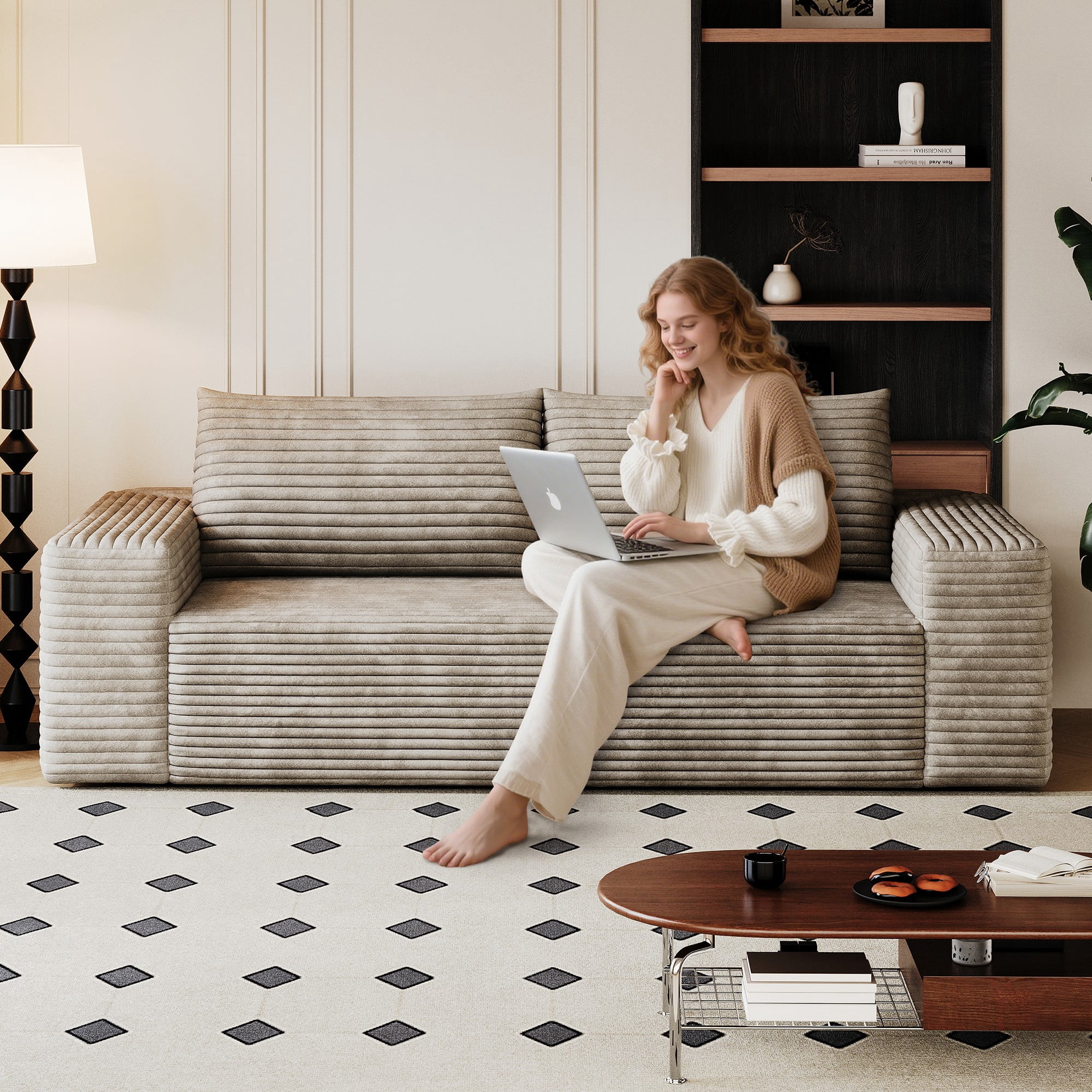 71" Corduroy Deep Seat 3 Seatser Sofa, No Assembly Comfy Couch for Living Room Bedroom Apartment, Camel