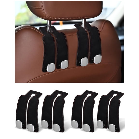 Headrest Hooks for Car,4 Pack Car Seat Back Organizer Storage Hook,Double Hook Car Seat Hooks for Hanger Purses and Bags,Leather Purse Holder for Car,Black