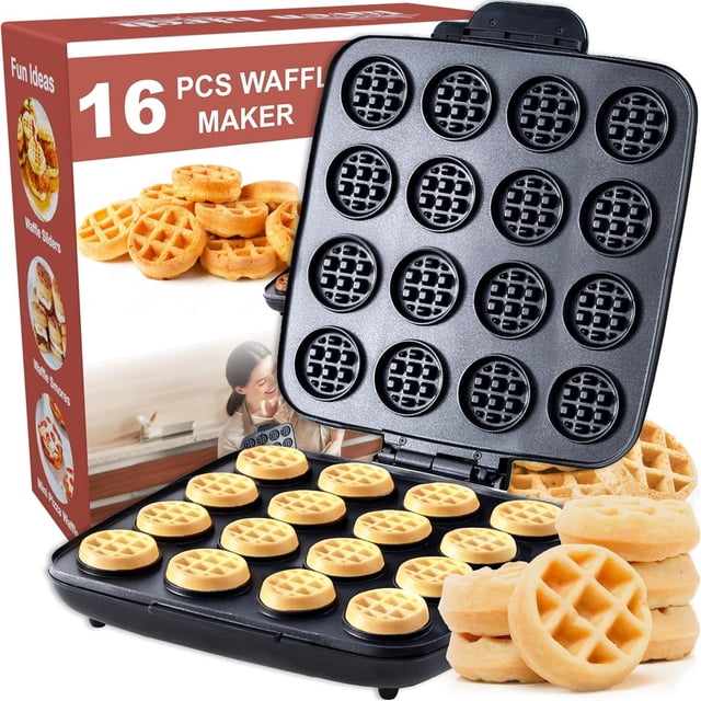FINYQBET Máquina de Waffles Mini 350W, Capacidad para 16 Waffles, Superficie Antiadherente de PTFE, Ideal para Uso Doméstico y Comercial, Compacta y Portátil