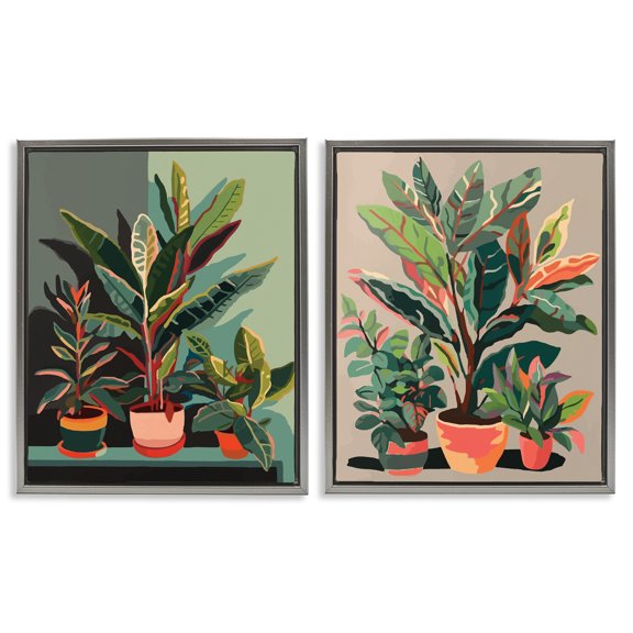 Stupell Industries Various House Plants Botanical & Floral Painting Gray Floater Framed Canvas Art Print Wall Art, 17 x 21, Set of 2