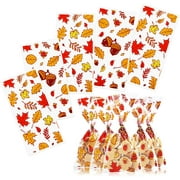 Naler 100 Count Thanksgiving Cellophane Treat Bags with Twist Ties,Clear Maple Leaf Goodie Candy Bag for Autumn Fall Party Favors