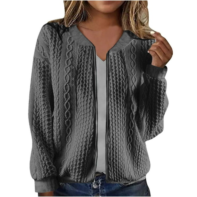 cfhntfmh Vestes pour Femmes Doux Col Rond Manches Longues Chandail en Molleton Tricoté Automne Confortable Couleur Unie Fermeture Éclair