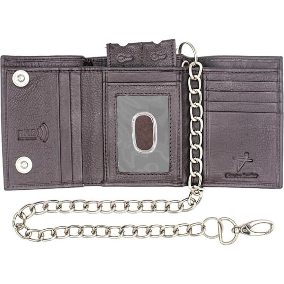 RFID Safe Wallet Trifold Wallet with Chain Attached Pure Leather & Key Holder ID Window