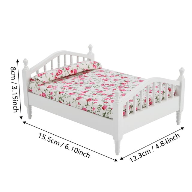 Fyydes Lit Double pour Poupée, Accessoires de Maison de Poupée Motif Floral Mini Meubles Lit Double pour Poupée Échelle 1/12, Lit de Poupée