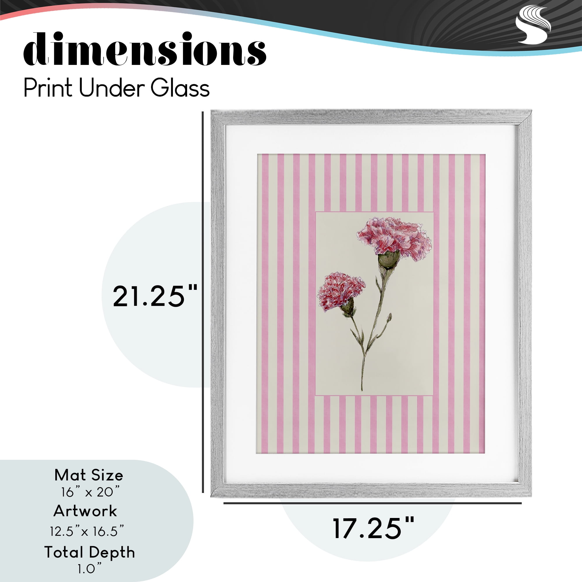 Pink Stripe Carnation Gray Framed Print Under Glass, design by Lisa Wehmeyer