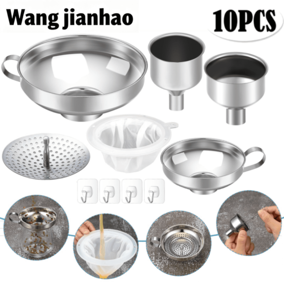 12 Pack Stainless Steel Metal Funnel,Canning Funnel with Strainer Mesh Filter Brushes and Adhesive Hooks for Wide and Regular Mason Jars,Wide Mouth Funnels Set for Kitchen Use,Silver