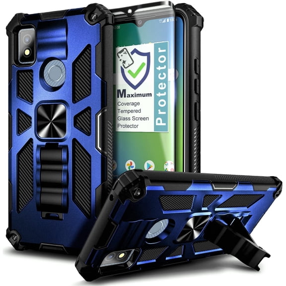 Nagebee Phone Case Compatible for Cricket Icon 4 with Tempered Glass Screen Protector (Full Coverage), Full-Body Protective Shockproof [Military-Grade] Built in Kickstand Heavy-Duty Case (Blue)