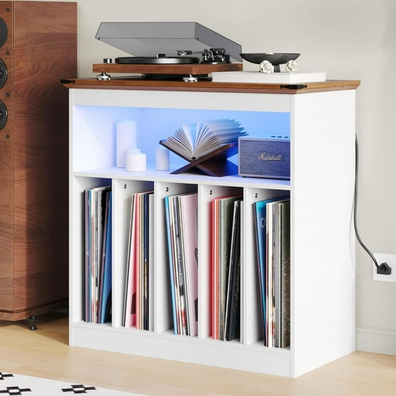 DIYART Farmhouse Large Record Player Stand with Power Outlets & LED Lights, Vinyl Record Stand hold up to 150 Albums, Turntable Stand for Living Room, Bedroom, White